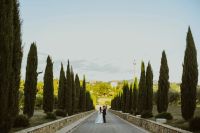 Bride and groom walking among evergreen trees lining a driveway of a wedding venue in Italy