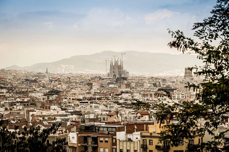 Barcelona's cityscape with many buildings and the famous Sagrada Família in full view