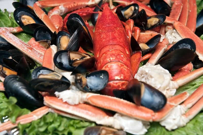 Close up shot of a serving of a big lobster with mussels on the side
