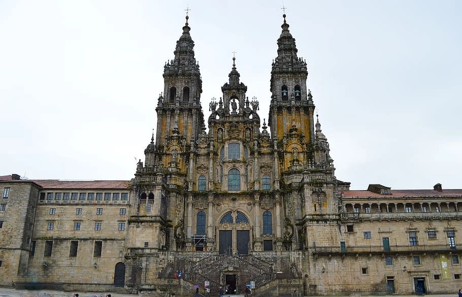 The facade of Santiago de Compostela in Spain, showing its complex architecture