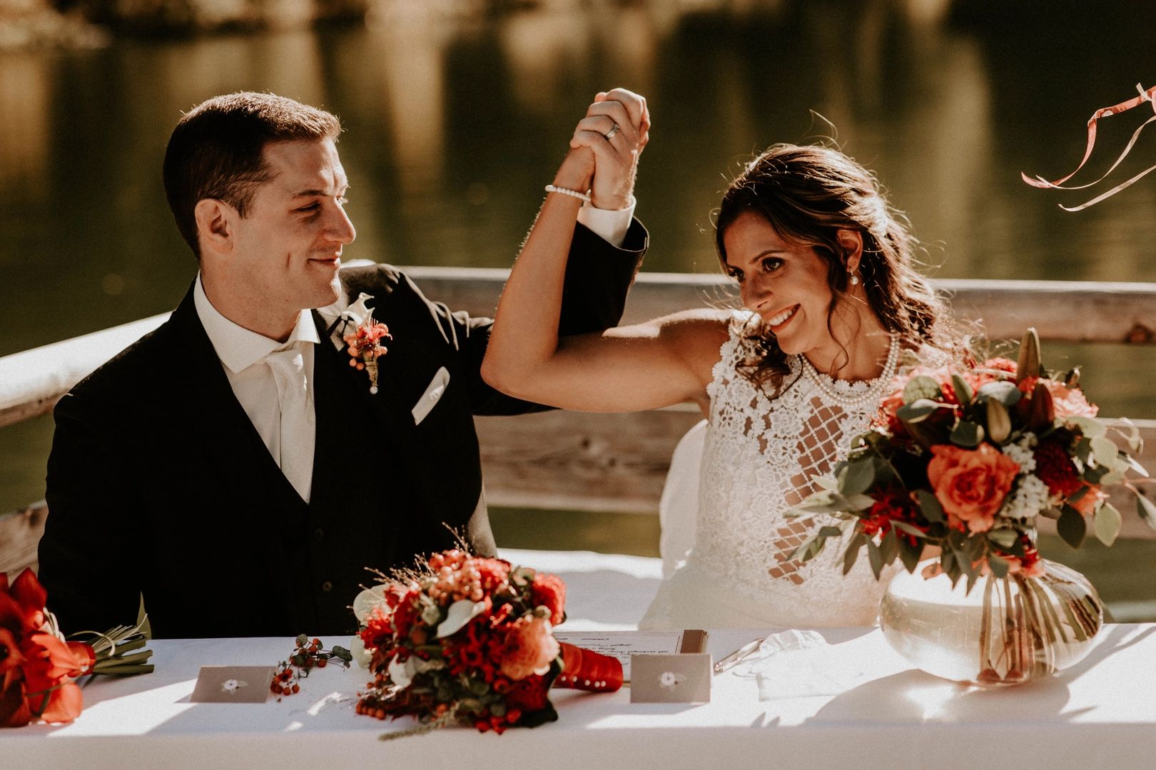 Bride and groom holding hands at their wedding ceremony in Germany