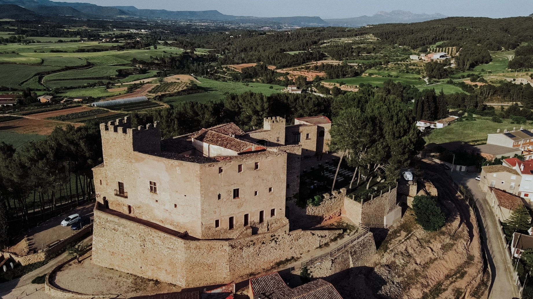 Medieval castle surrounded by valleys and forests in Spain