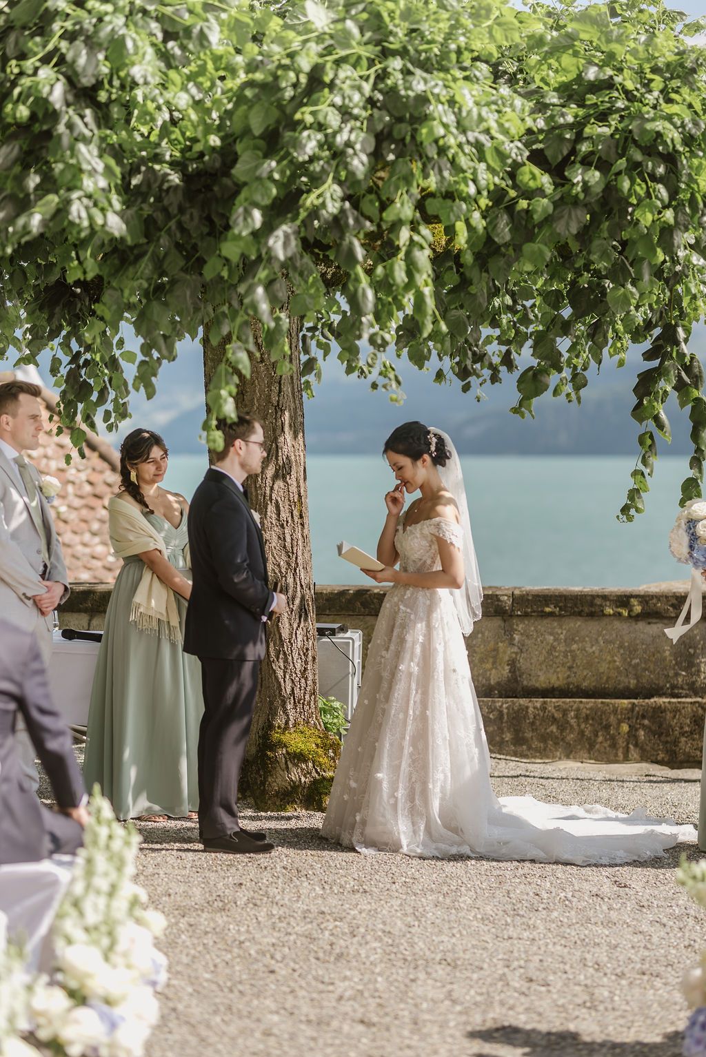 A bride and groom making their vows during an intimate wedding in Switzerland