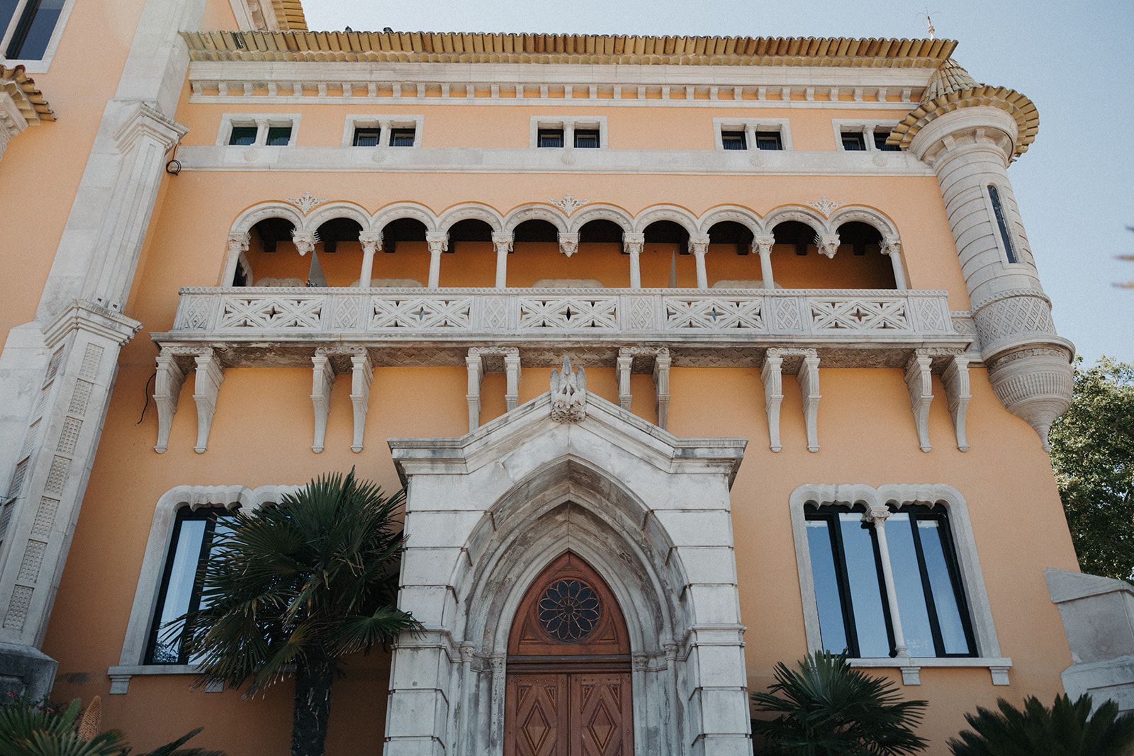 A medieval structure that forms part of a beachside hotel in Cascais, Portugal