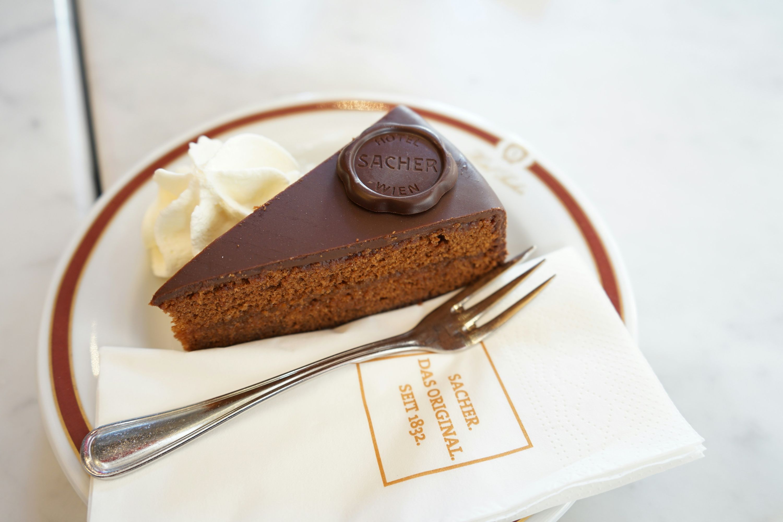 Slice of original Sachertorte with whipped cream at a Vienna café