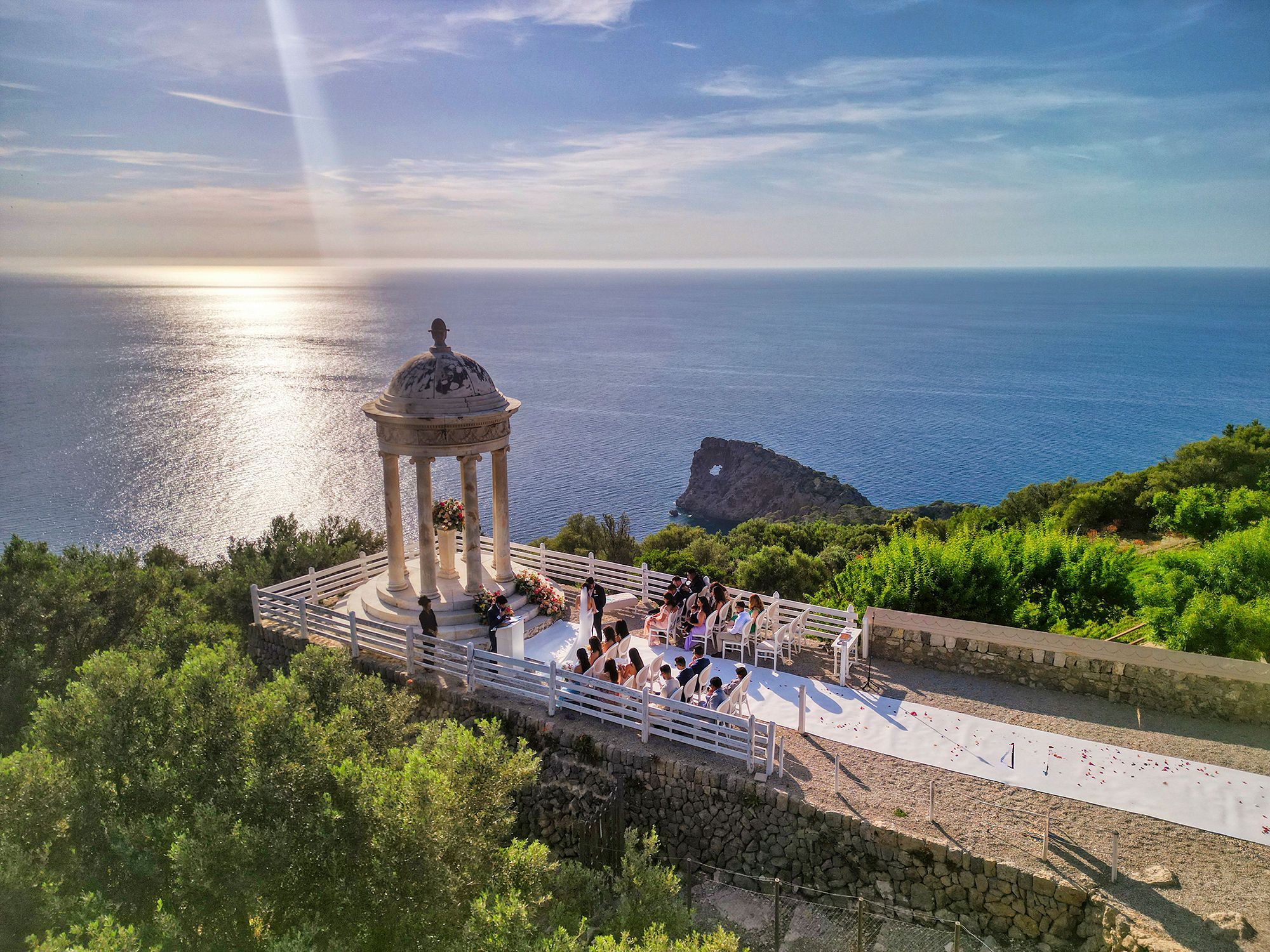 Drone shot of a clifftop venue in Mallorca where an intimate wedding in Spain is taking place
