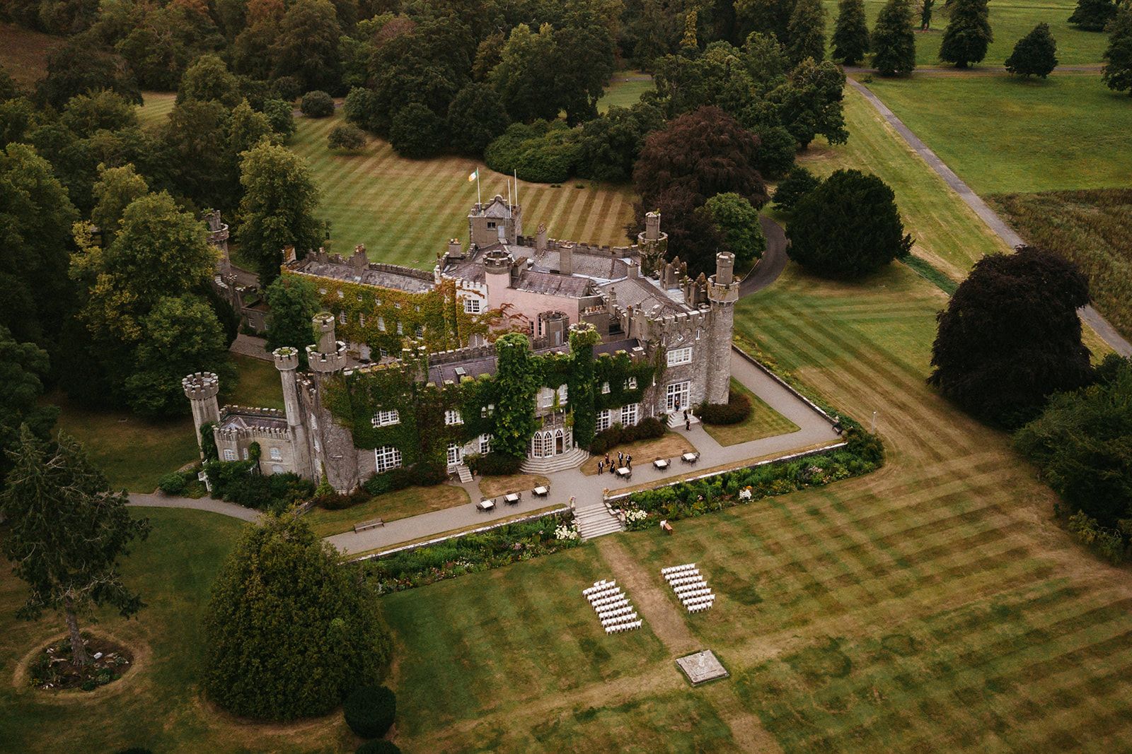 The Irish castle on top view with nature all around during a small wedding in Ireland