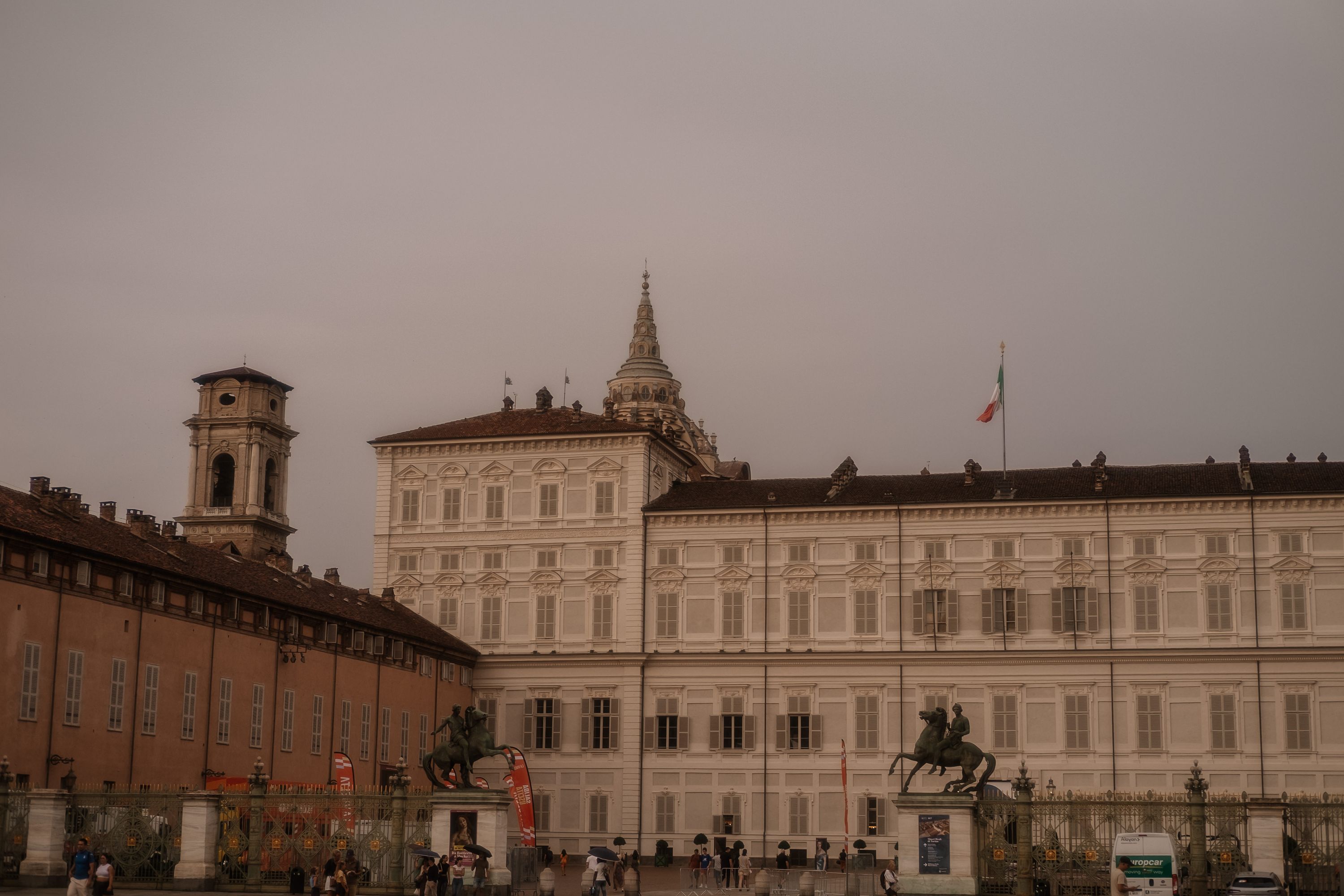 A historic building in the city center of Turin in Piedmont under cloudy skies