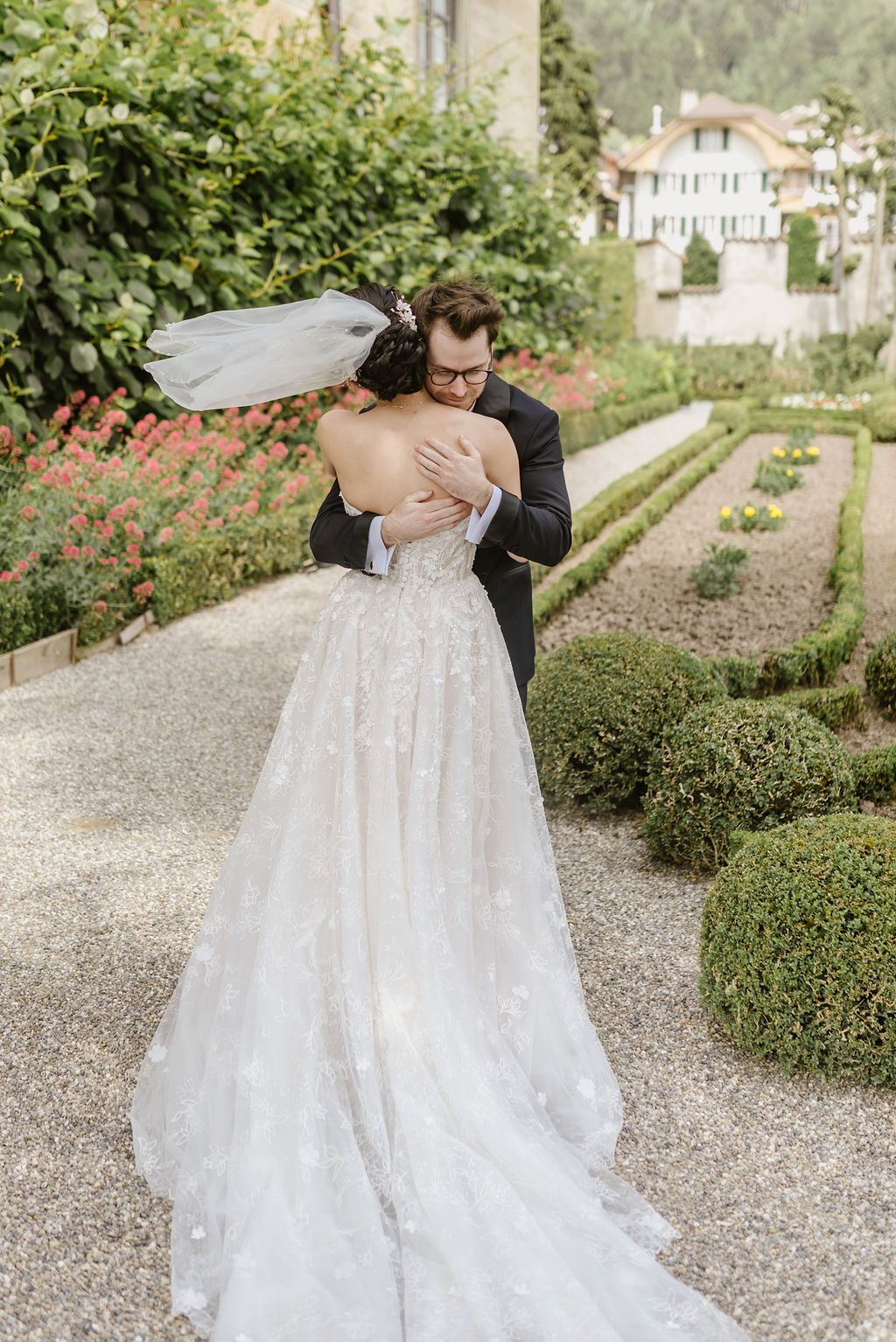A groom seeing his bride for the first time during a small wedding in Switzerland