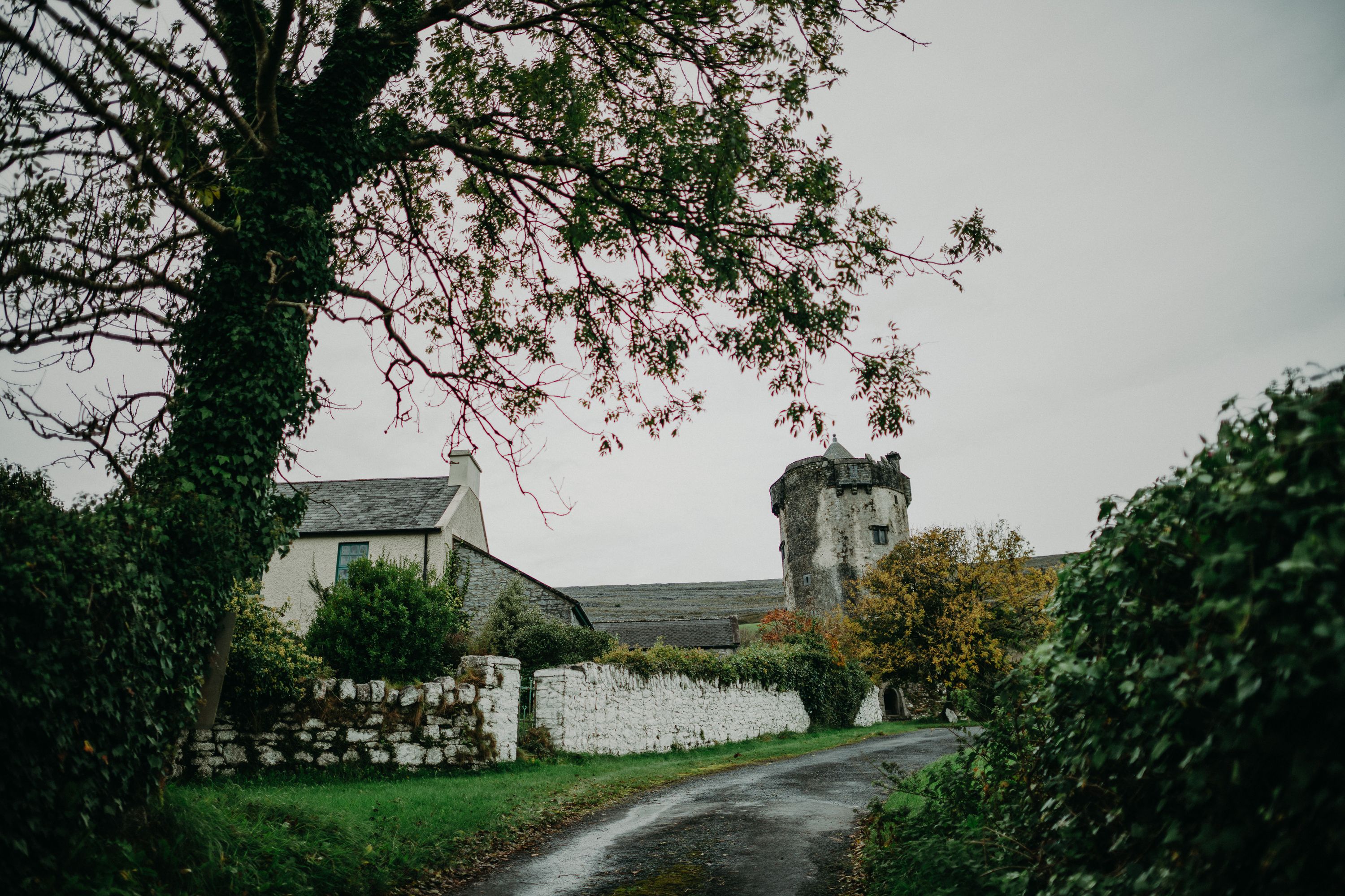 Historic Irish castle venue along a winding country road for a small wedding in Ireland surrounded by lush greenery.