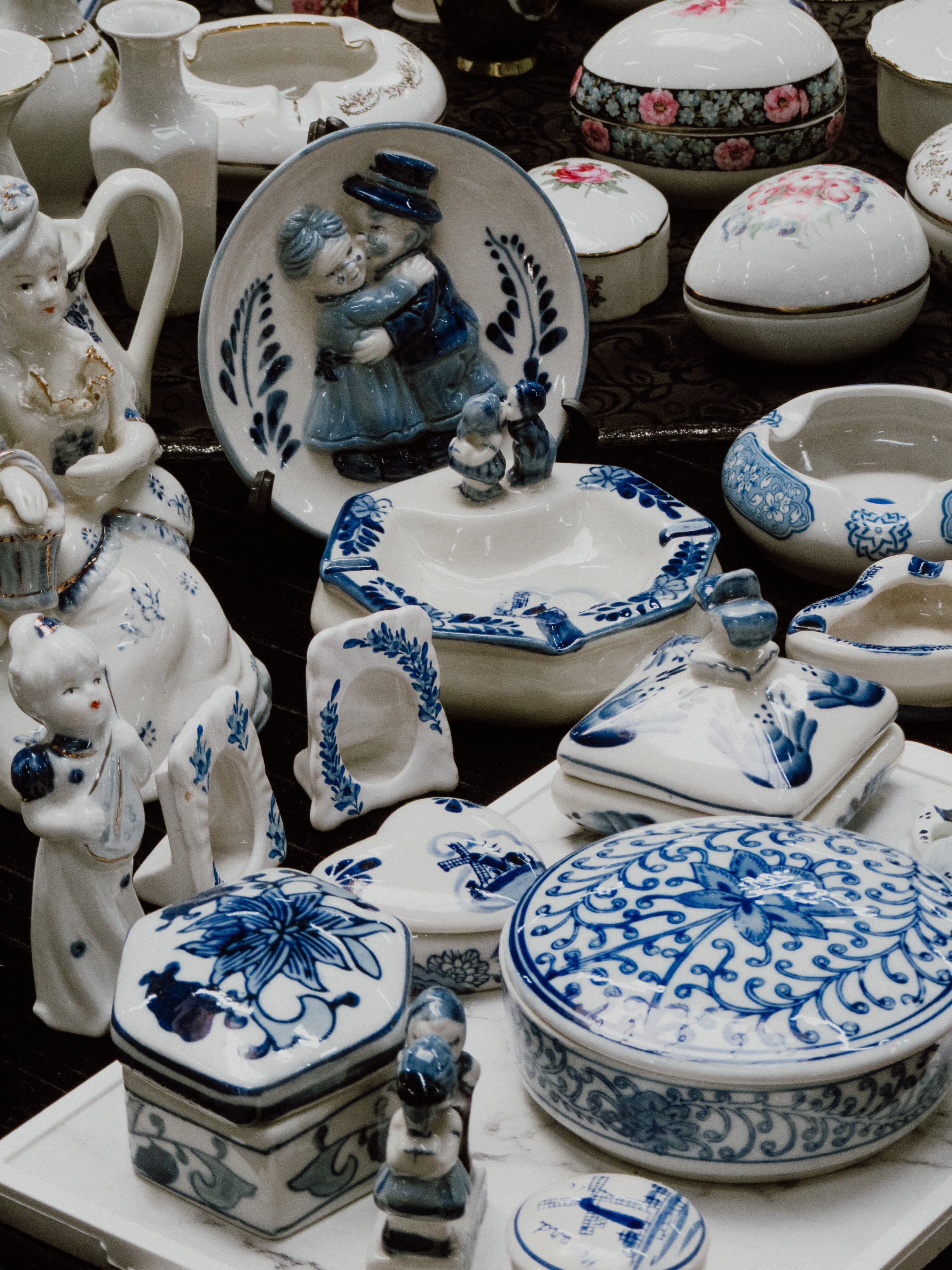 Blue-and-white porcelain ready to be smashed for luck at a Polterabend