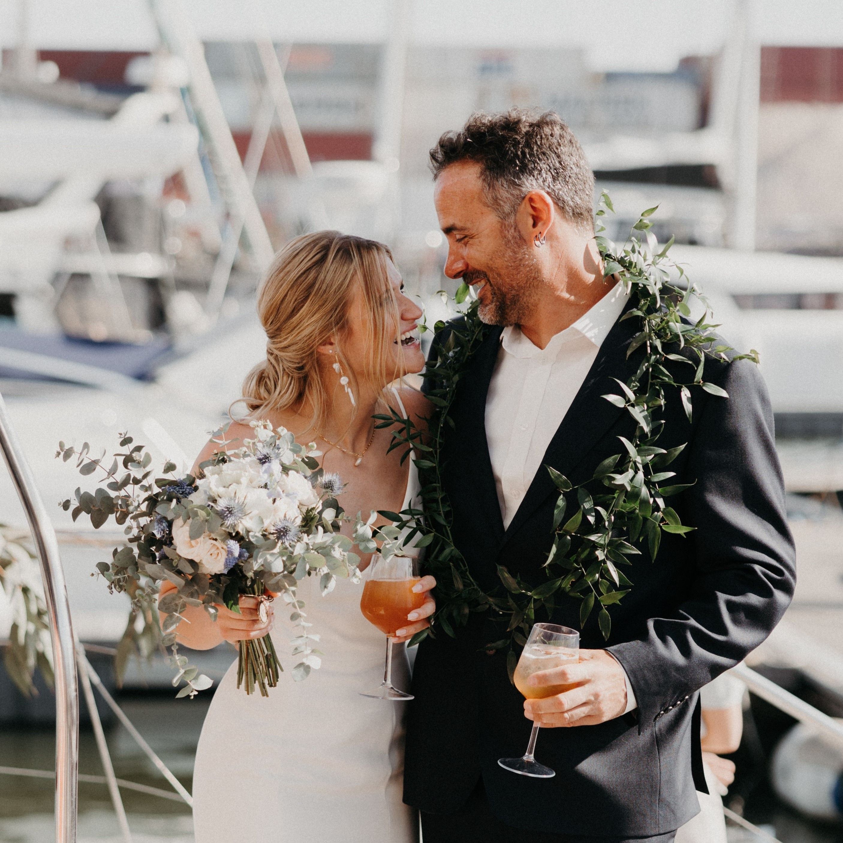 Bride and groom on their sailboat wedding in Portugal
