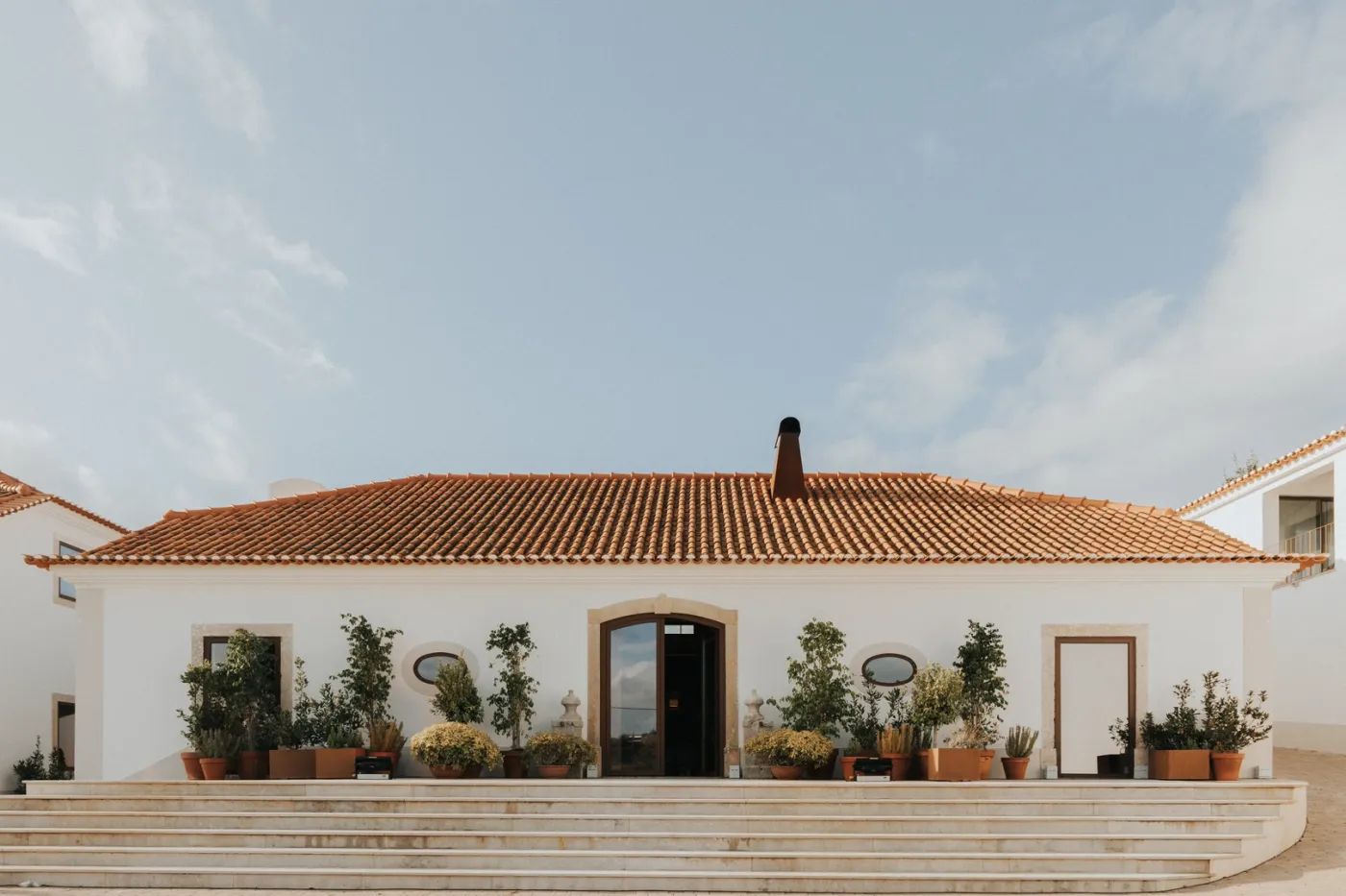A facade of a farmhouse with stairs in front and plants next to the wall