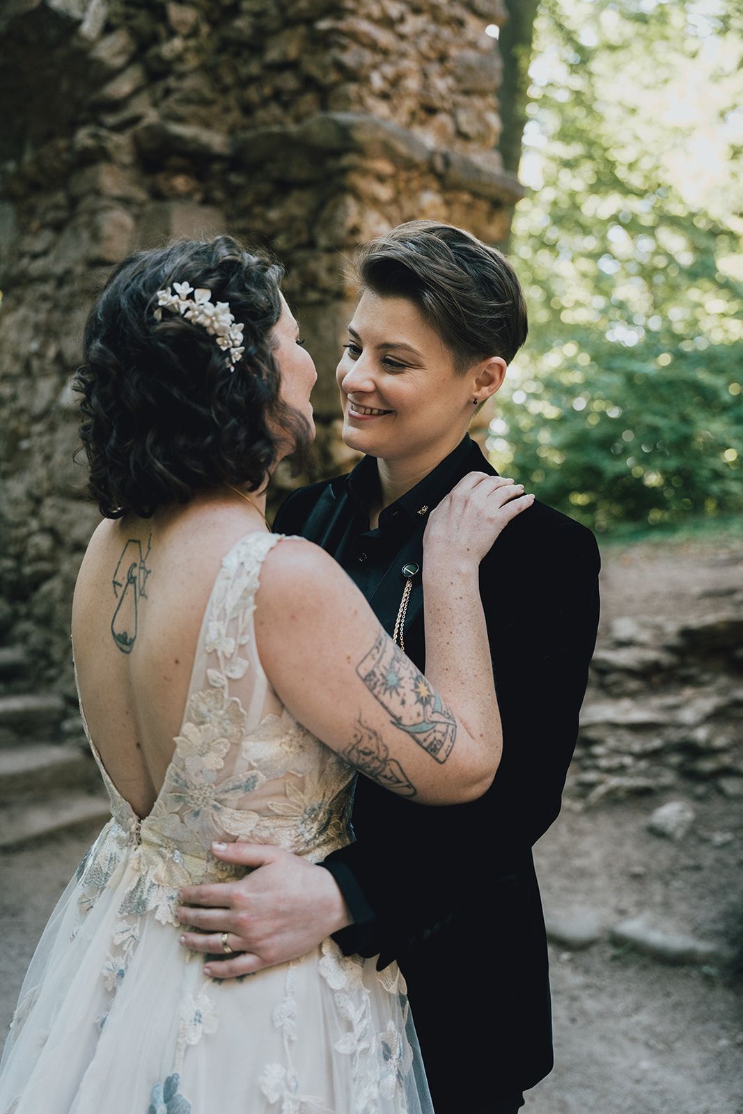 A groom looking at her bride for a small wedding in Germany