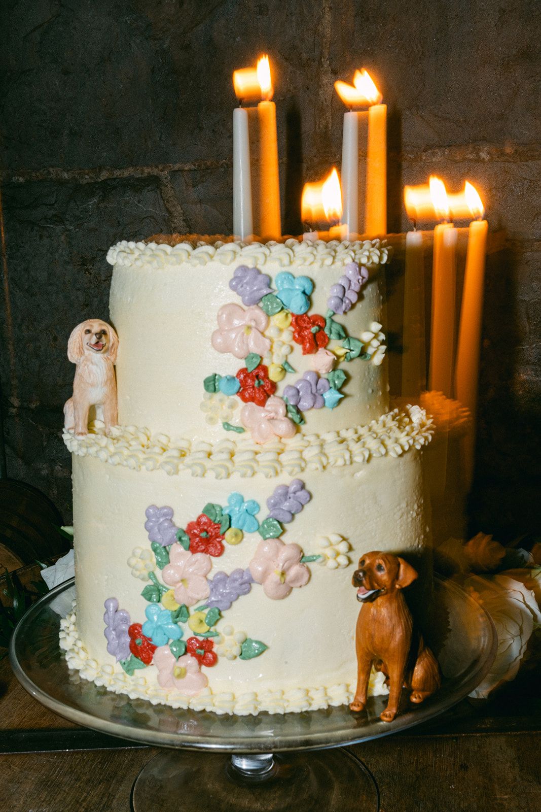 White two-tiered cake for an elopement in Ireland decorated with one dog in each tier.