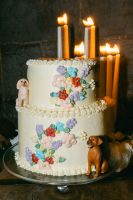 White two-tiered cake for an elopement in Ireland decorated with one dog in each tier.