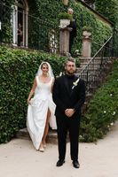 Bride smiles in excitement while she walks towards her groom during the first look of their small wedding in Portugal
