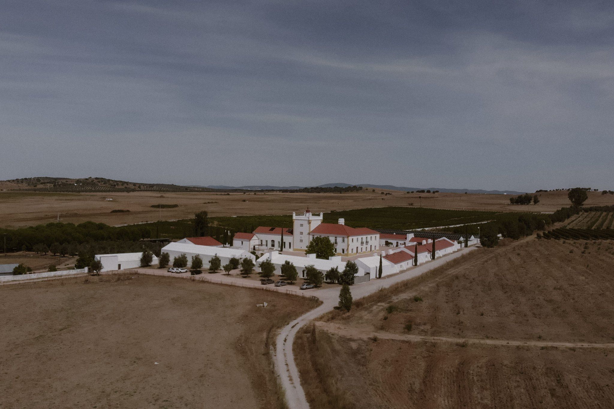 White hotel amidst the scenic vineyards of Alentejo