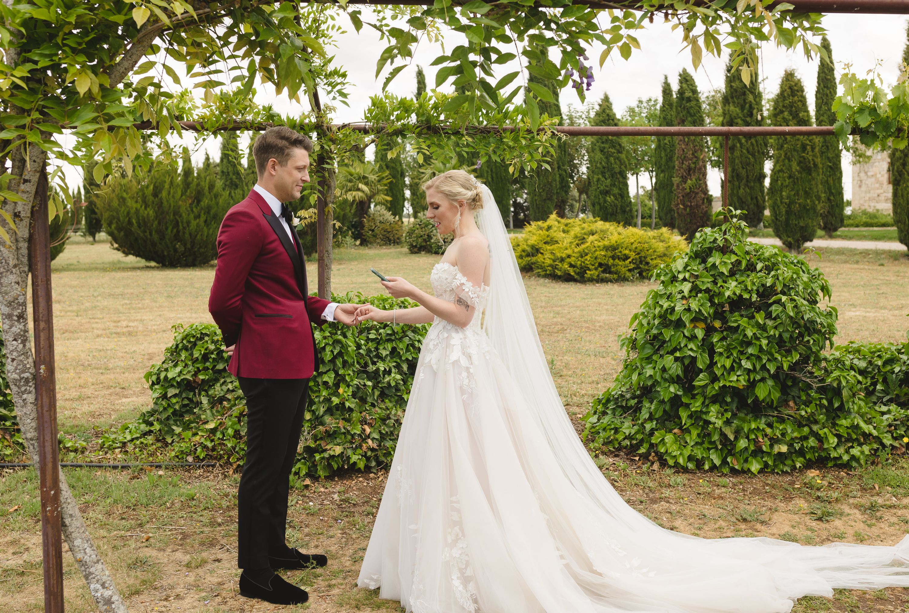 Bride and groom for a destination wedding in Spain meet during their first look