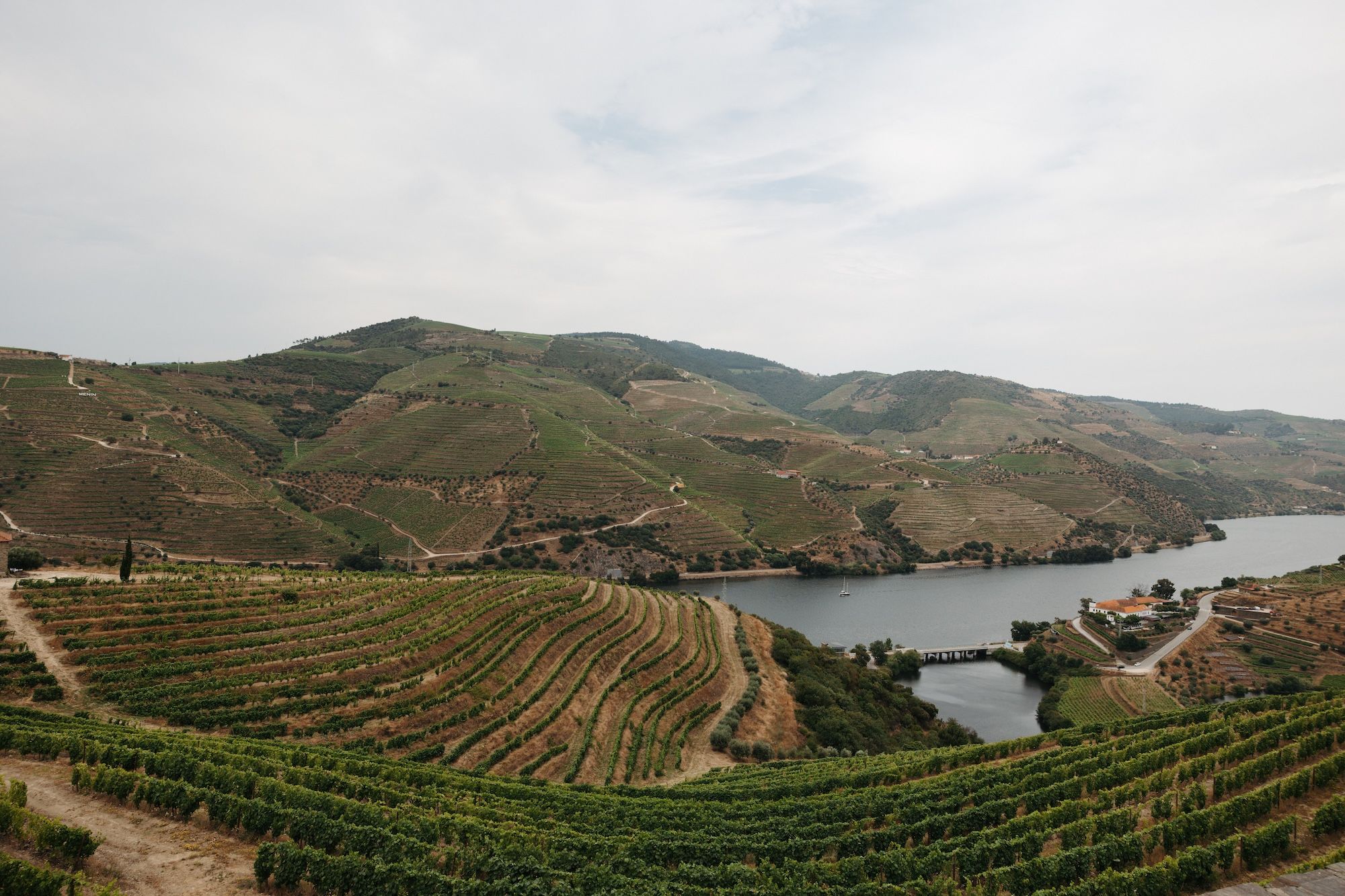 A scenic view of mountains, terraced vineyards, and a river in Portugal