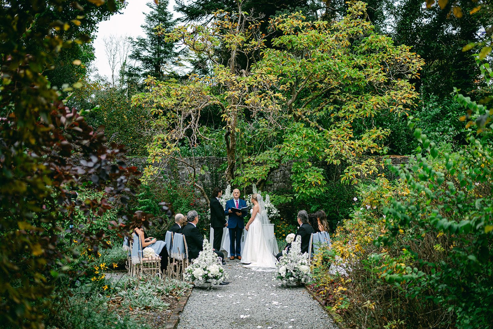 Intimate garden ceremony of a couple and their small group surrounded by nature during an Irish micro wedding