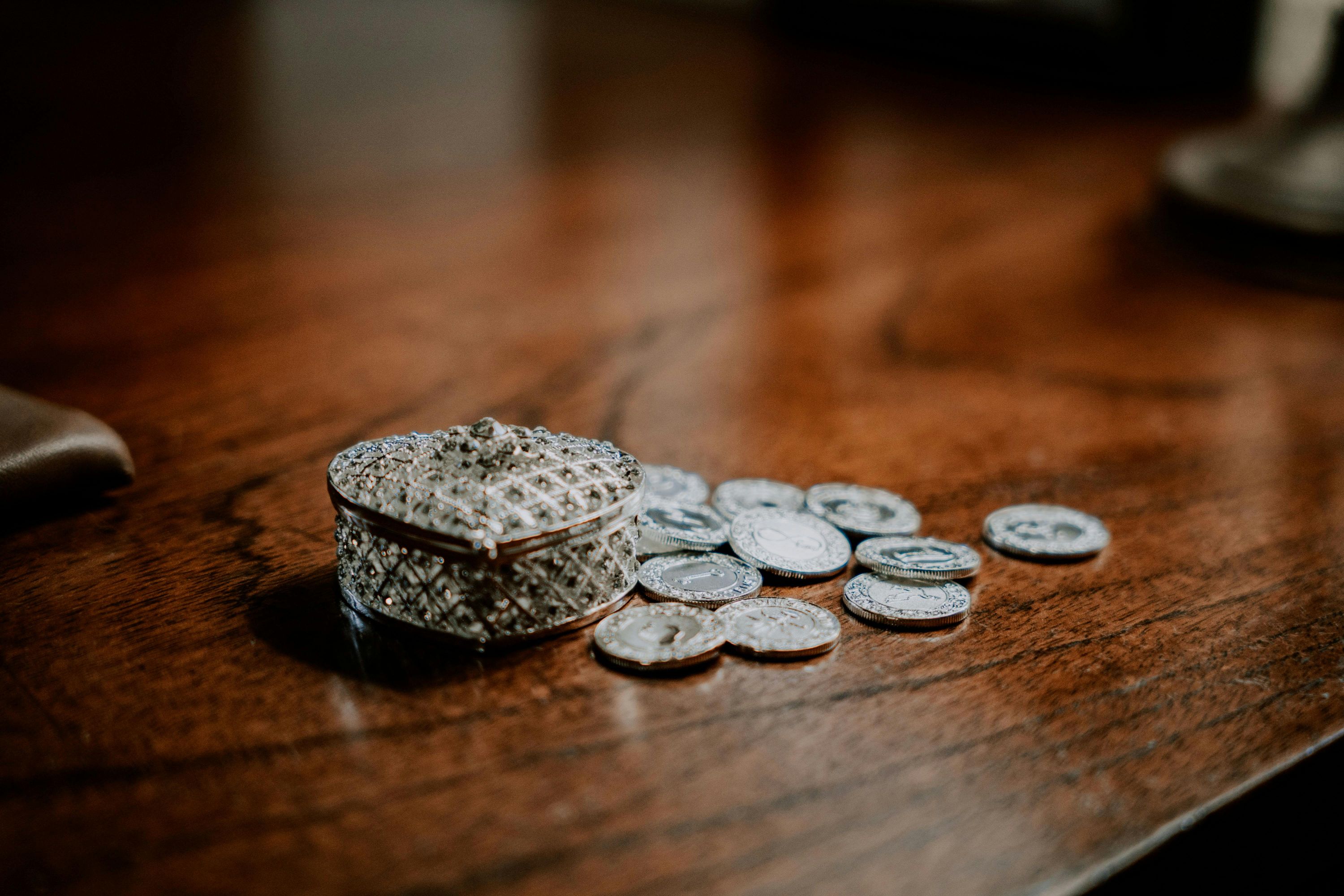 ceremonial wedding coins on a table
