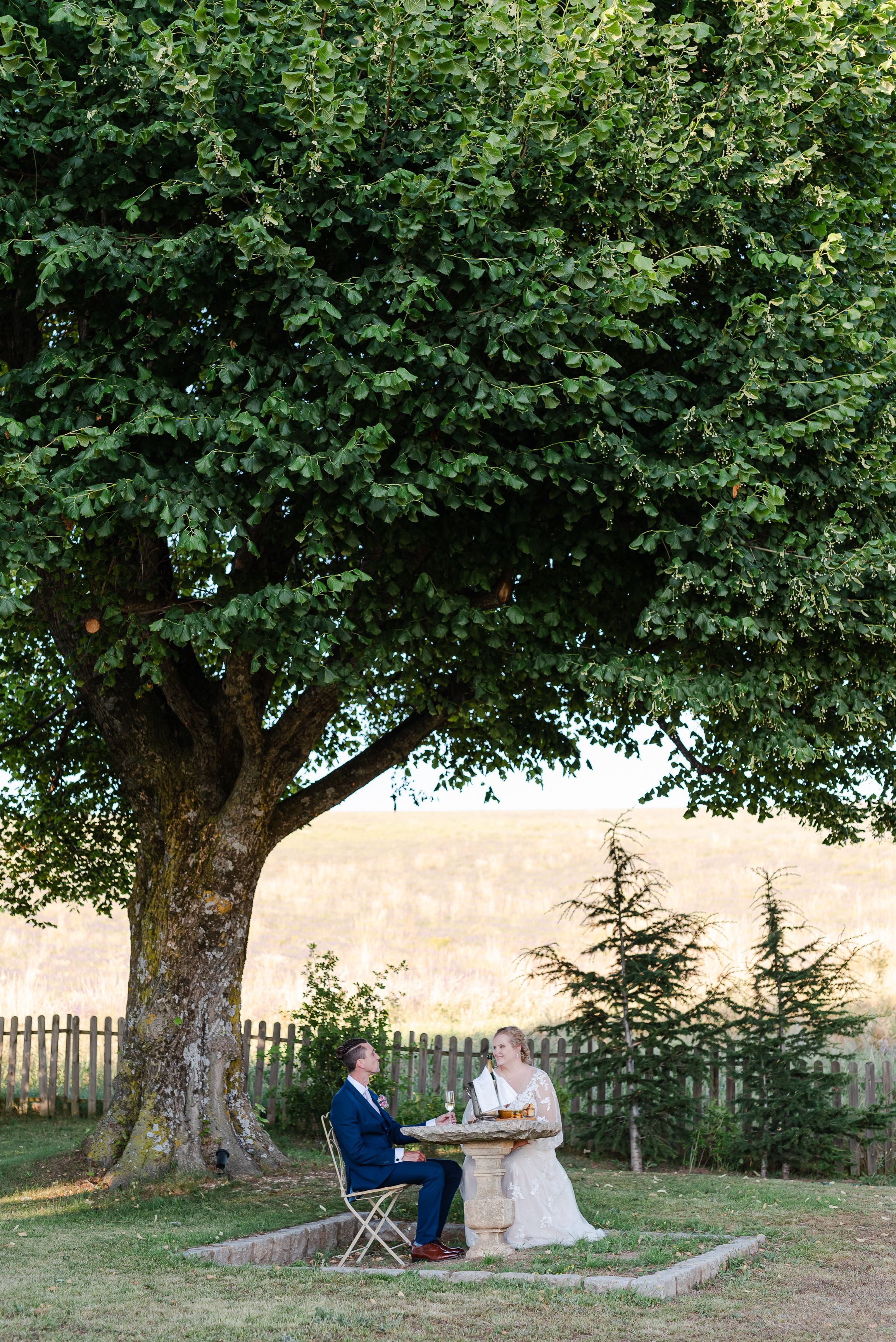 Bride and groom sharing a private toast beneath a large tree at an intimate wedding in France