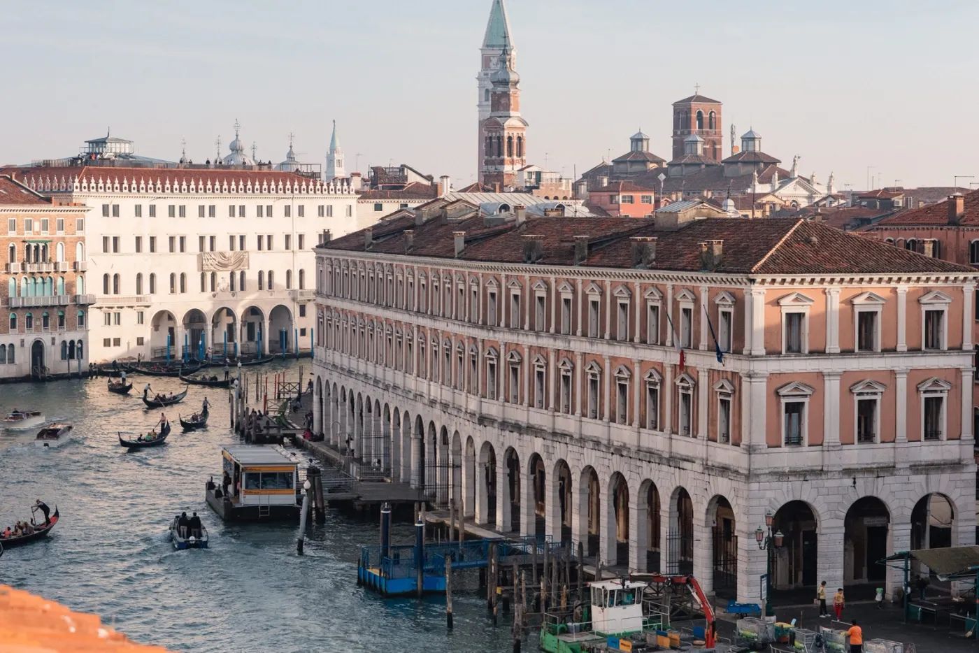 A view along the Grand Canal in Venice, Italy with the prominent building called Venetian palazzo