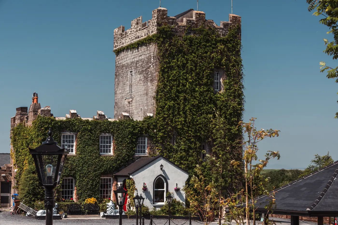 Cloonacauneen Castle, an ivy-clad 15th-century tower house wedding venue just outside Galway City, Ireland.