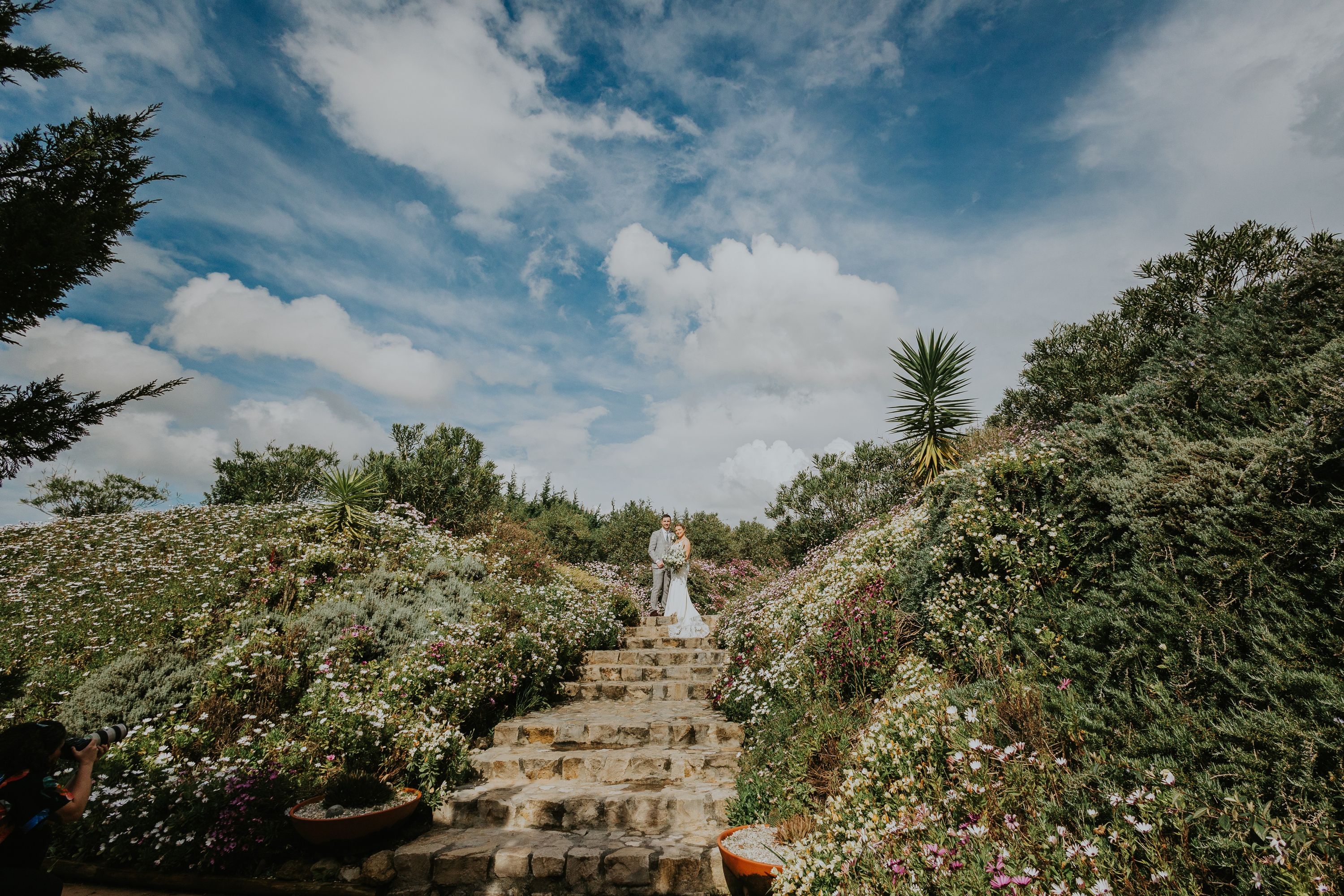 Newlyweds stand atop a staircase surrounded by flower fields during the photoshoot of their small wedding in Portugal