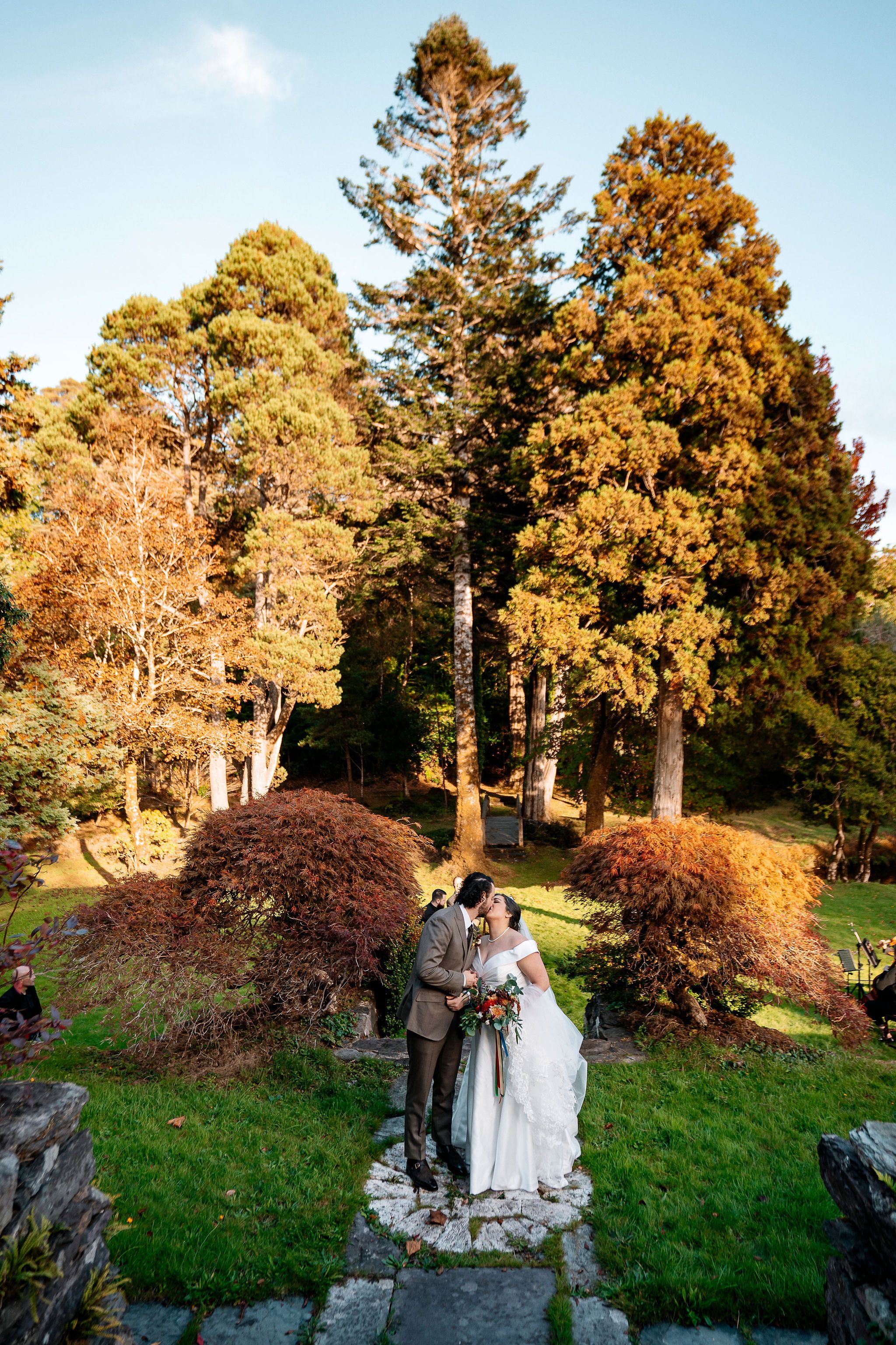 Bride and groom kissing in a lush green outdoor space, surrounded bu tall trees after their elopement ceremony in Ireland