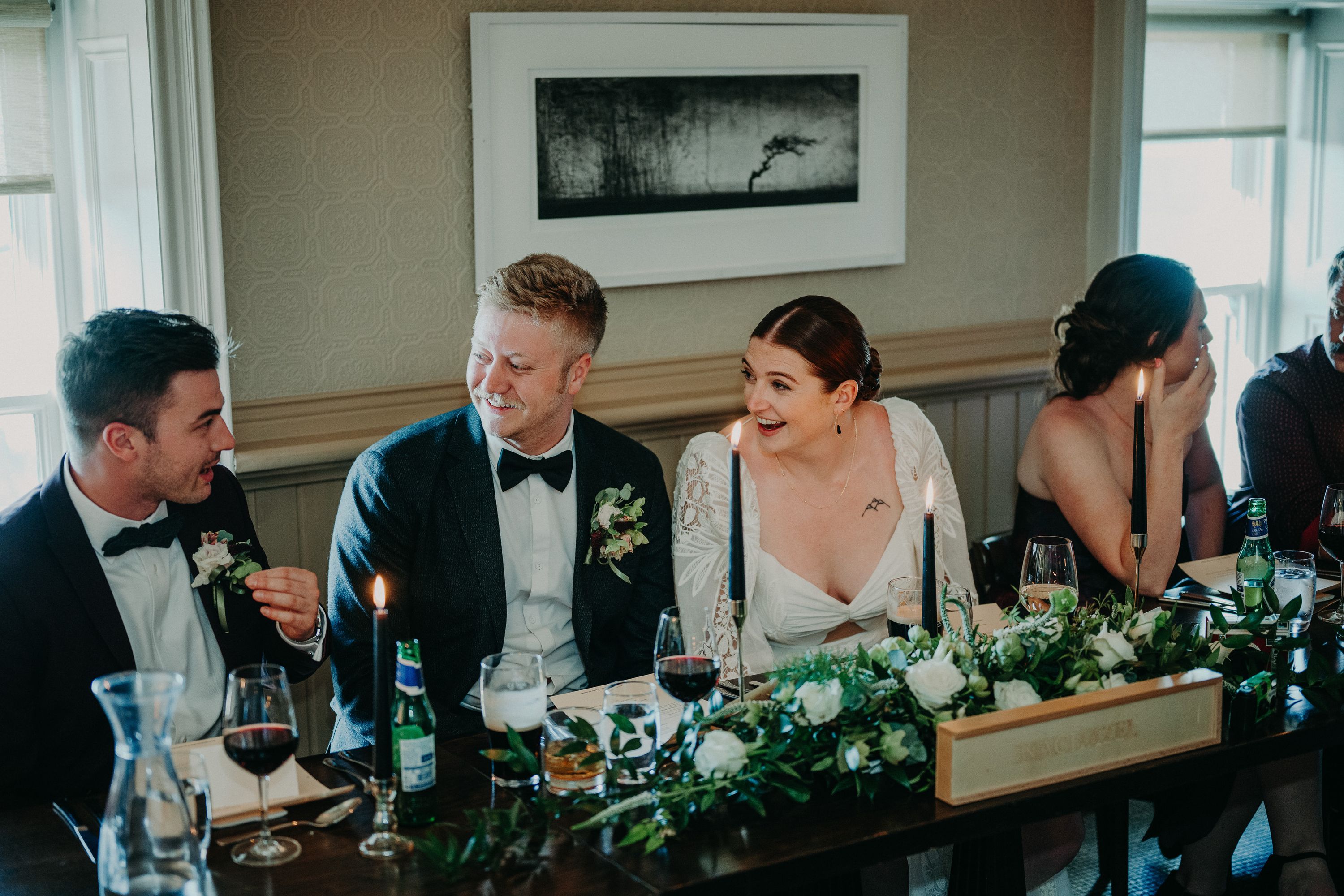 A bride and groom celebrating their reception with family and friends after their intimate wedding in Ireland