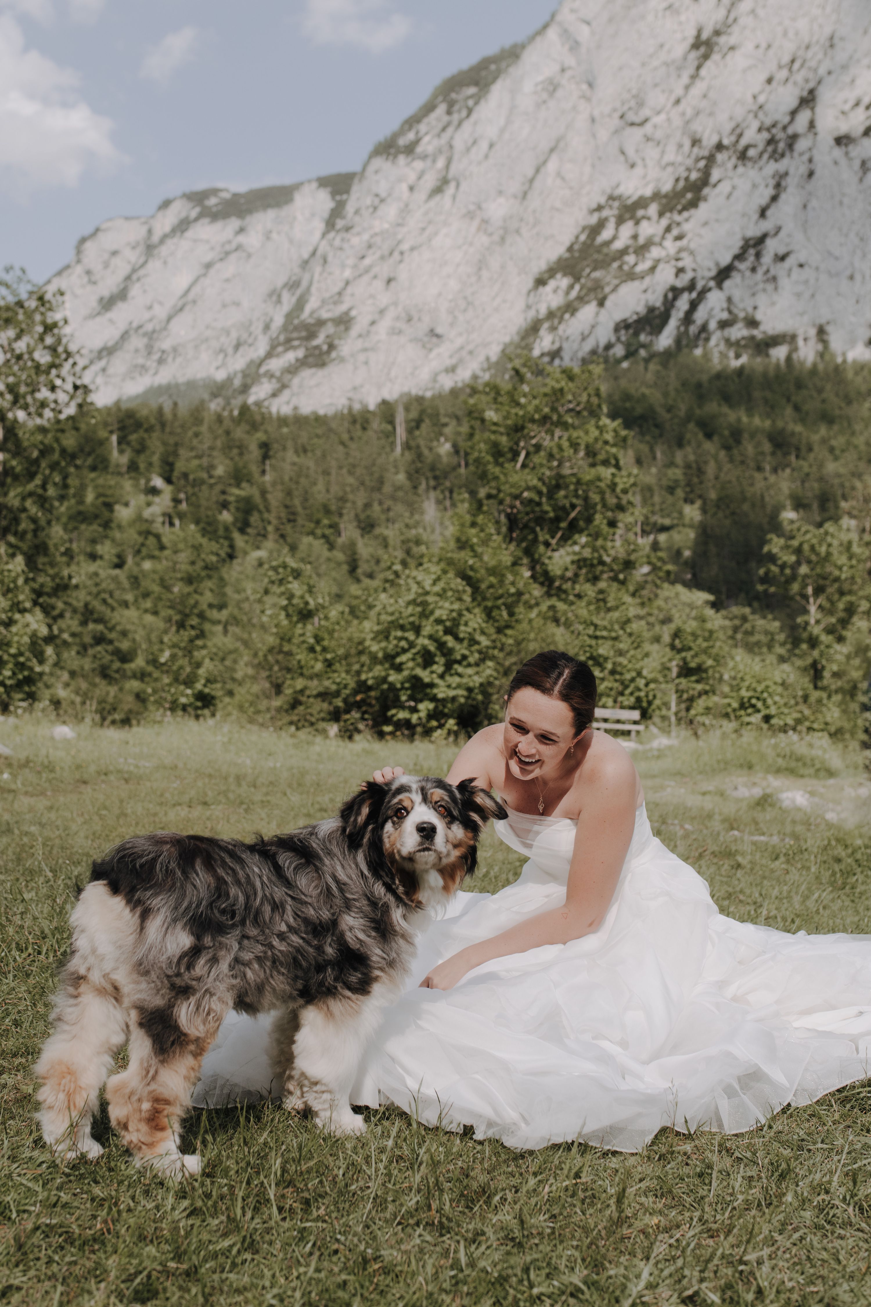 Bride sitting in a mountain meadow petting a dog, limestone peaks behind