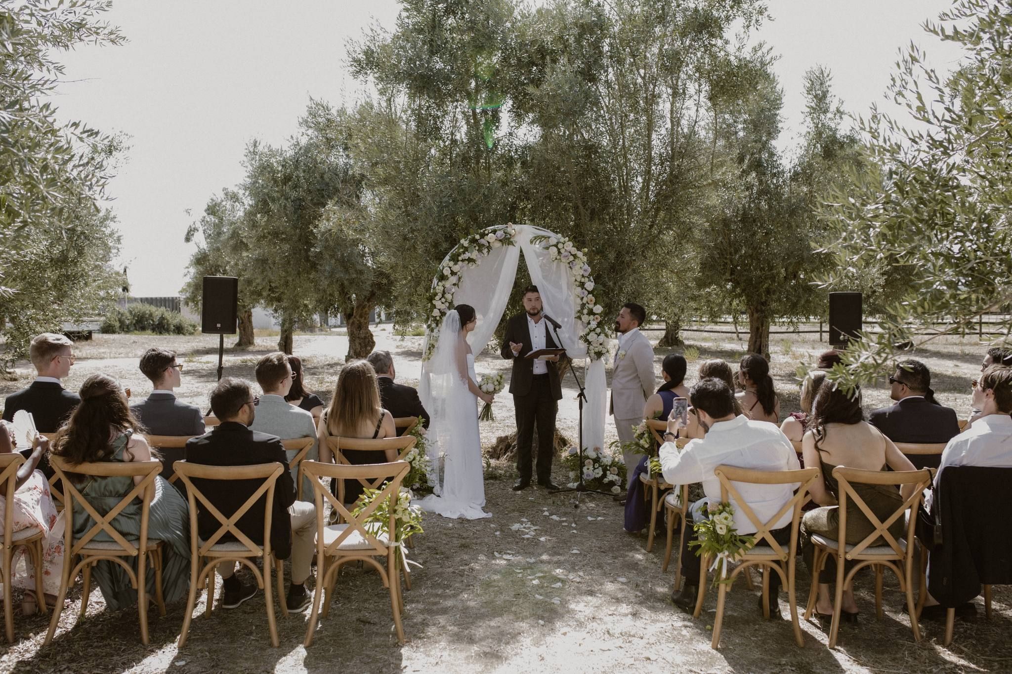 An outdoor ceremony in Alentejo’s vineyards with a small group of guests during an intimate wedding in Portugal