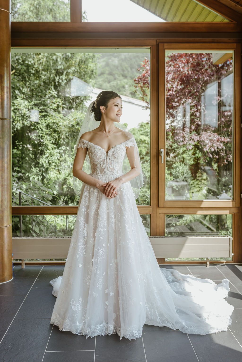 A bride wearing her dress for an intimate wedding in Switzerland