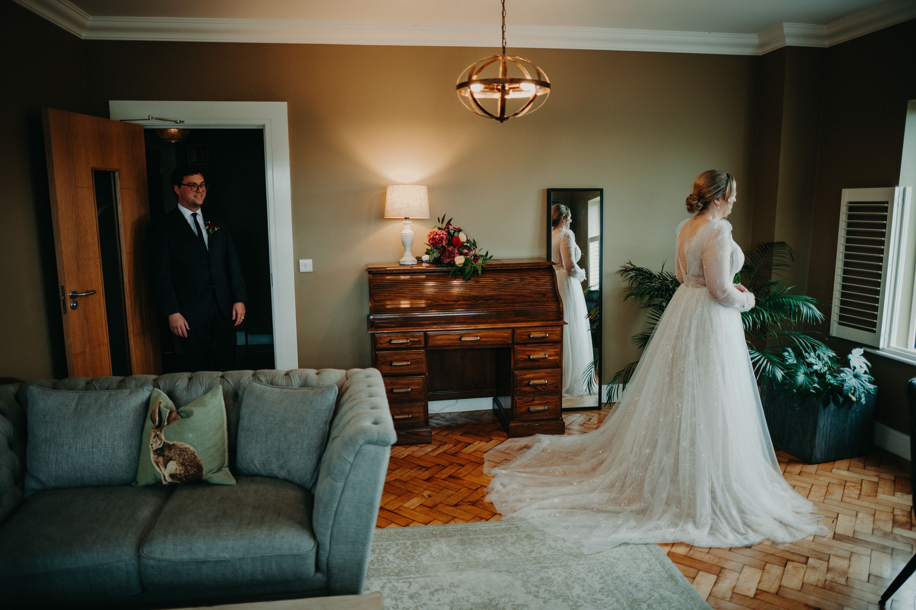Groom seeing his bride for the first time during an intimate wedding in Ireland first look